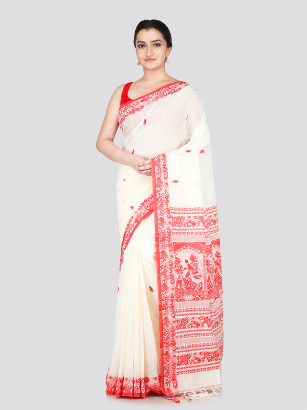 PinkLoom Women's White Cotton Saree