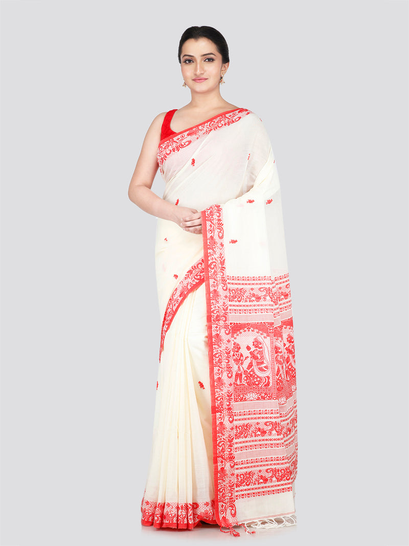 PinkLoom Women's White Cotton Saree