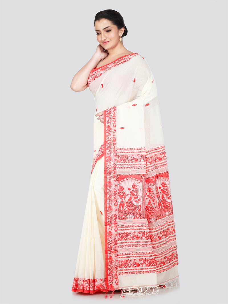 PinkLoom Women's White Cotton Saree