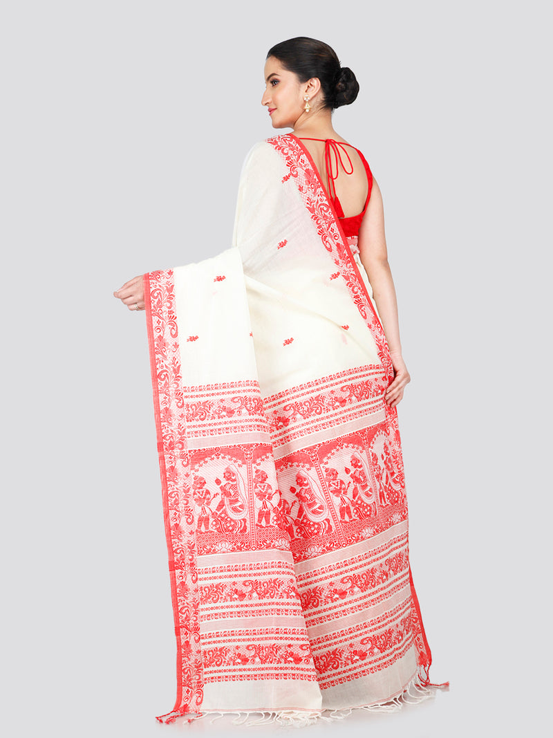 PinkLoom Women's White Cotton Saree