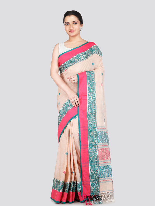 PinkLoom Women's Beige Cotton Saree