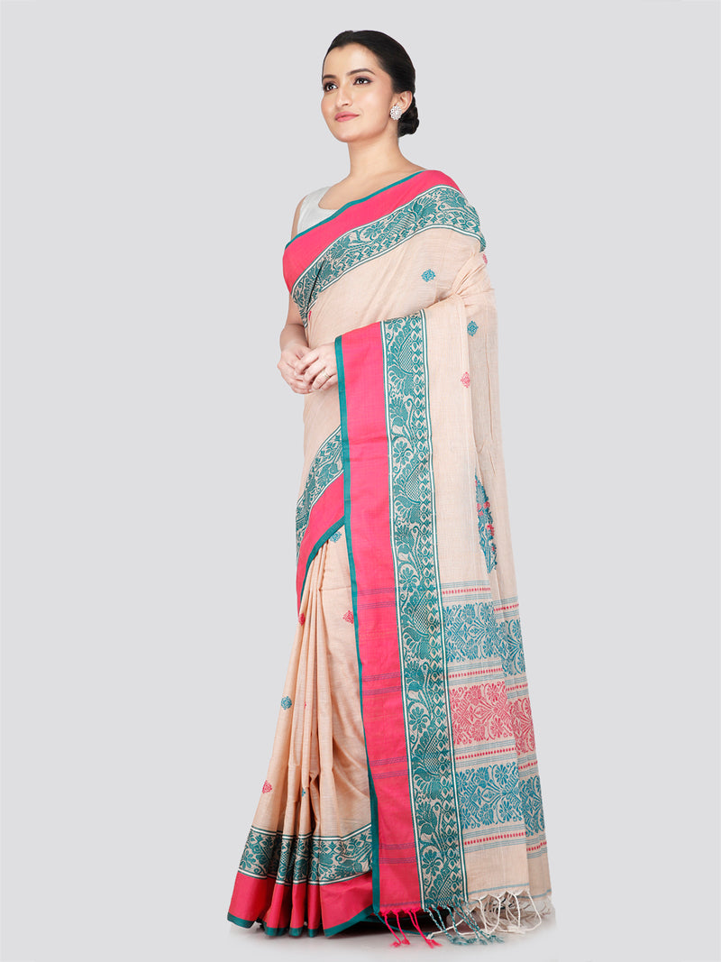 PinkLoom Women's Beige Cotton Saree