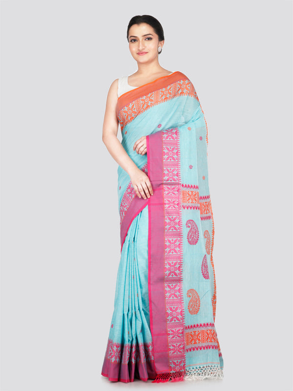 PinkLoom Women's Turquoise Blue Cotton Saree