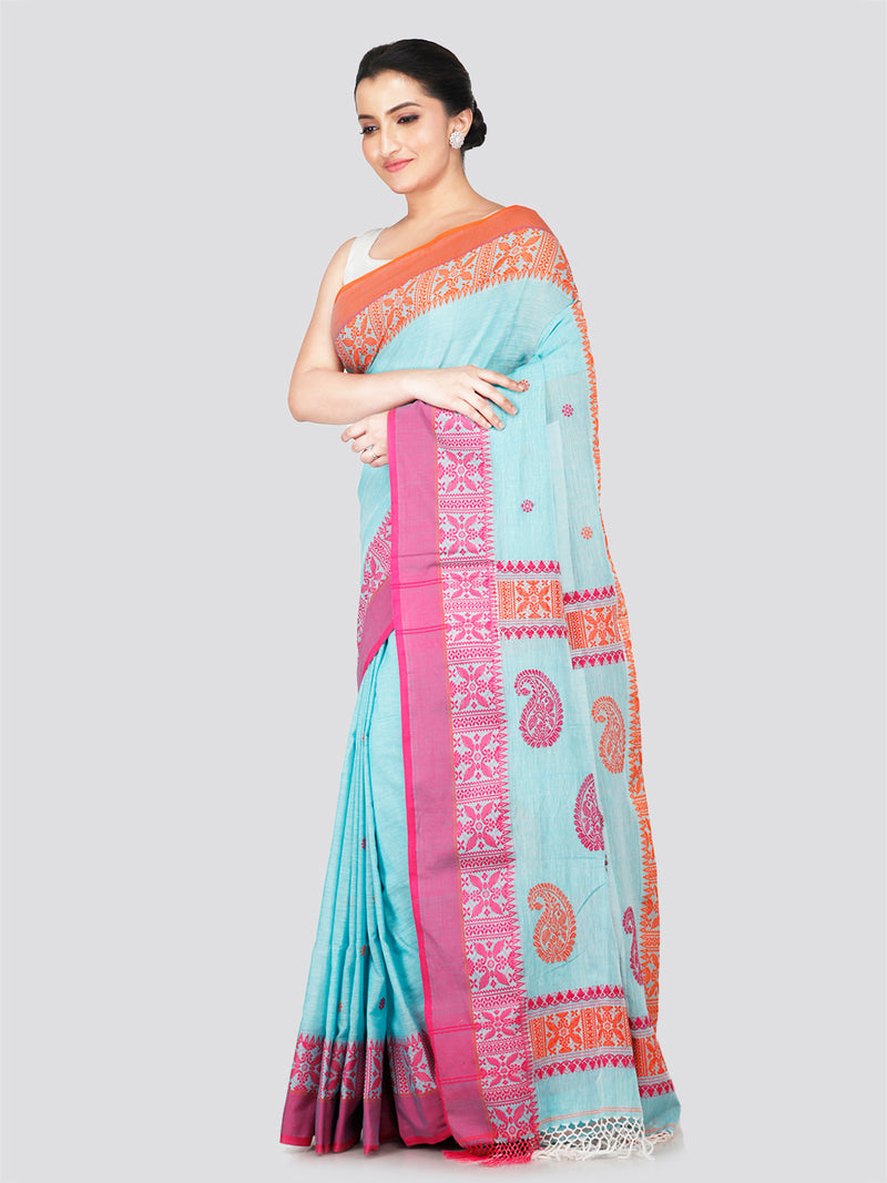 PinkLoom Women's Turquoise Blue Cotton Saree