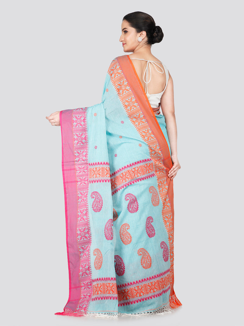 PinkLoom Women's Turquoise Blue Cotton Saree