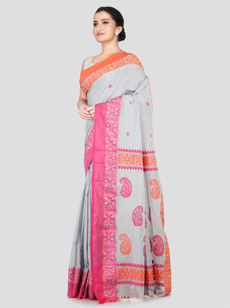 PinkLoom Women's Grey Cotton Saree