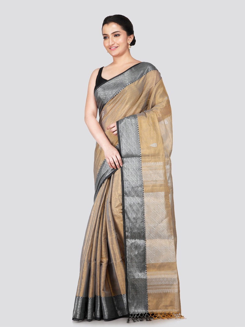 PinkLoom Women's Gold Cotton Silk Saree