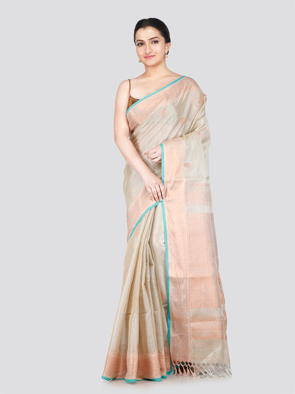 PinkLoom Women's Beige Cotton Silk Saree