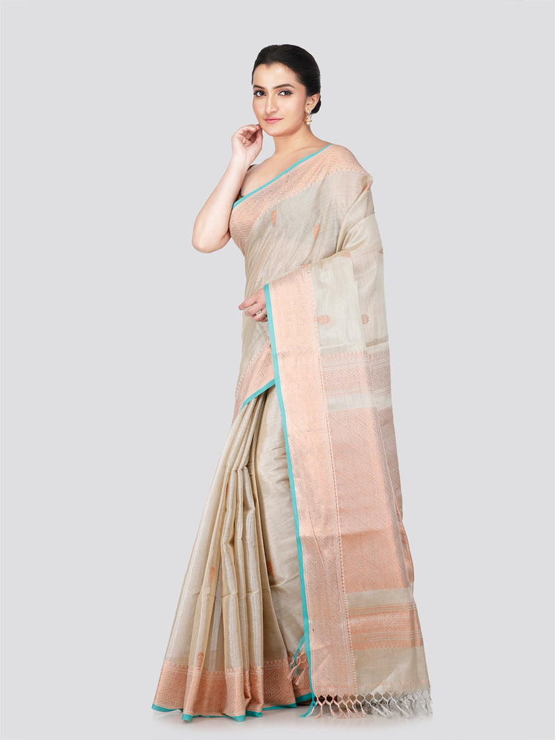 PinkLoom Women's Beige Cotton Silk Saree