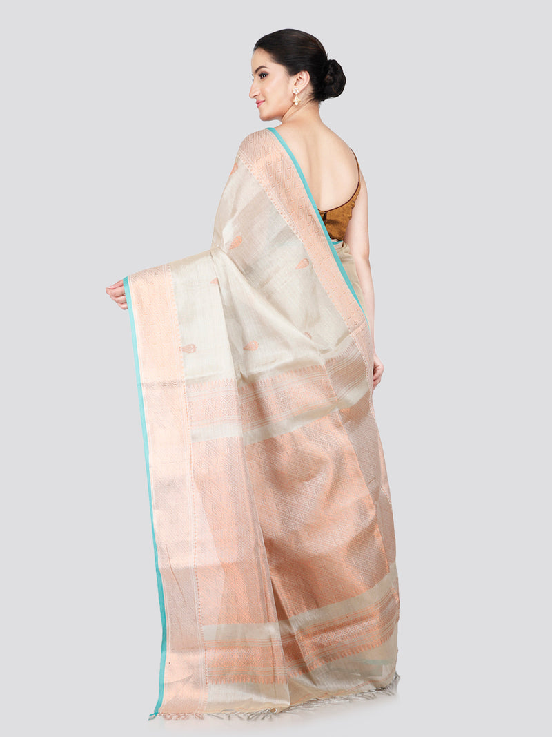 PinkLoom Women's Beige Cotton Silk Saree