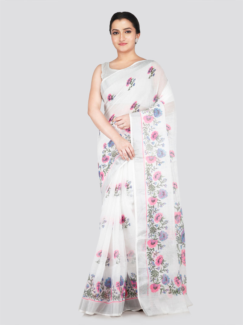 PinkLoom Women's White Cotton Saree