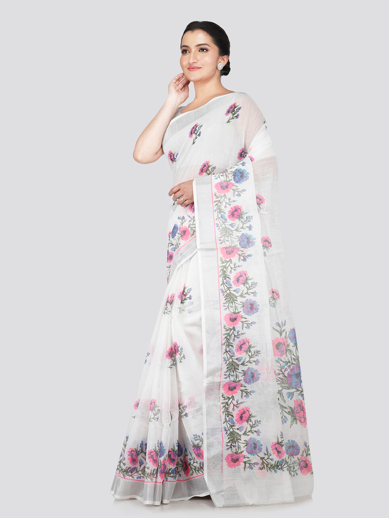 PinkLoom Women's White Cotton Saree