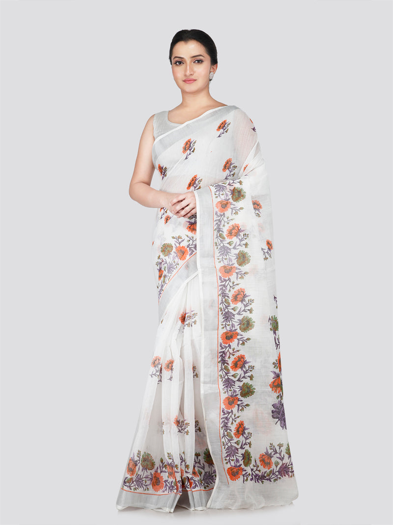 PinkLoom Women's White Cotton Saree