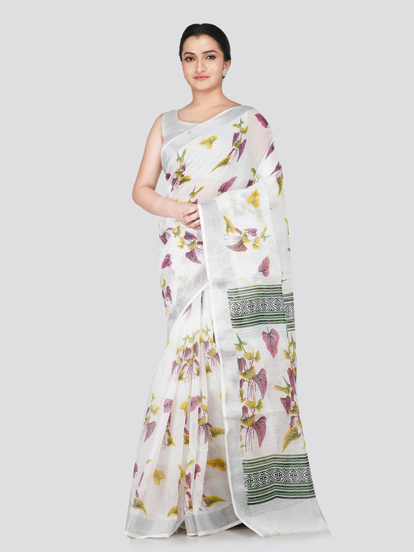 PinkLoom Women's White Printed Linen Silk Saree