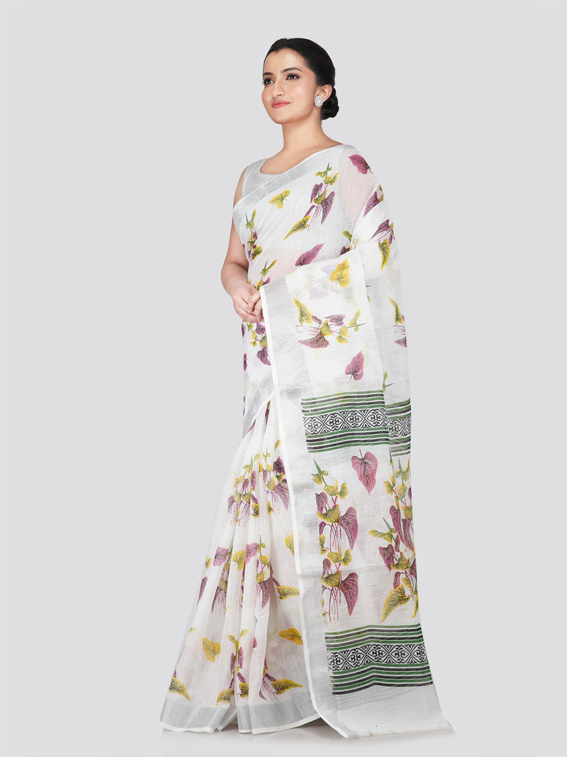 PinkLoom Women's White Printed Linen Silk Saree