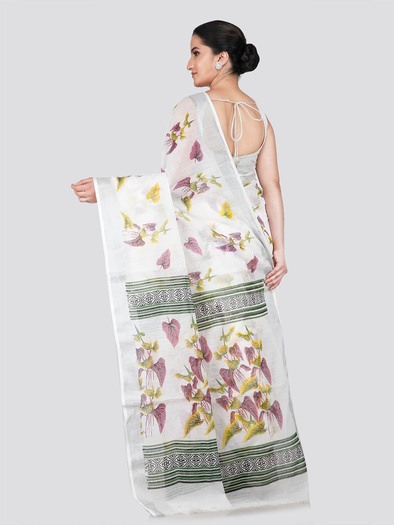 PinkLoom Women's White Printed Linen Silk Saree