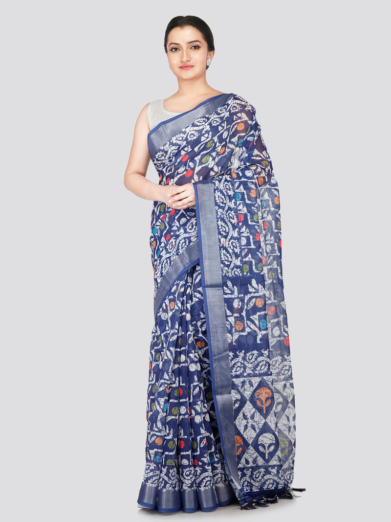 PinkLoom Women's Blue Printed Linen Silk Saree