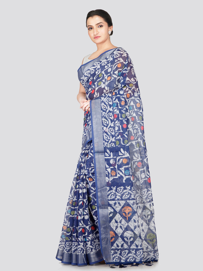 PinkLoom Women's Blue Printed Linen Silk Saree