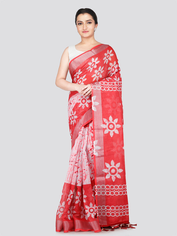 PinkLoom Women's White Printed Linen Silk Saree