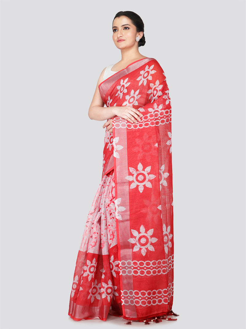 PinkLoom Women's White Printed Linen Silk Saree