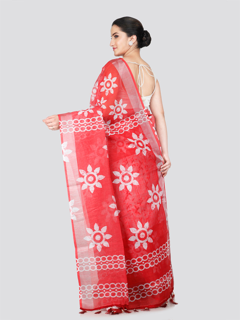 PinkLoom Women's White Printed Linen Silk Saree