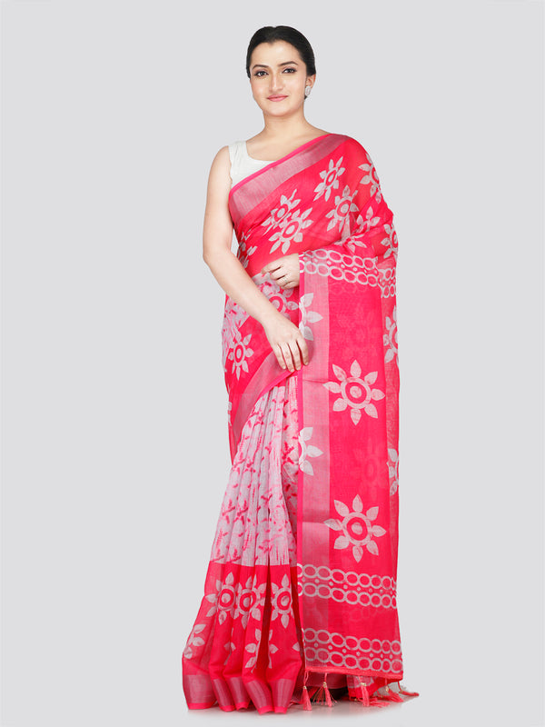 PinkLoom Women's White Printed Linen Silk Saree