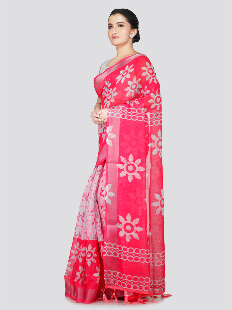 PinkLoom Women's White Printed Linen Silk Saree