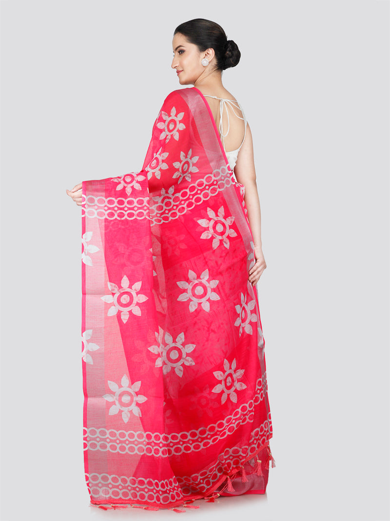 PinkLoom Women's White Printed Linen Silk Saree