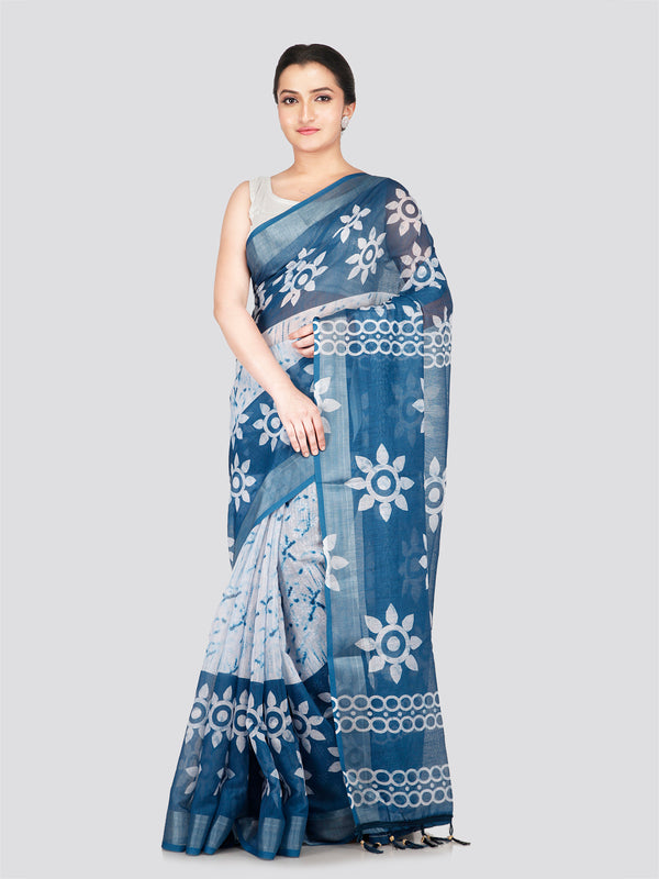 PinkLoom Women's White Printed Linen Silk Saree