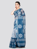 PinkLoom Women's White Printed Linen Silk Saree