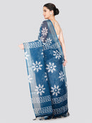 PinkLoom Women's White Printed Linen Silk Saree