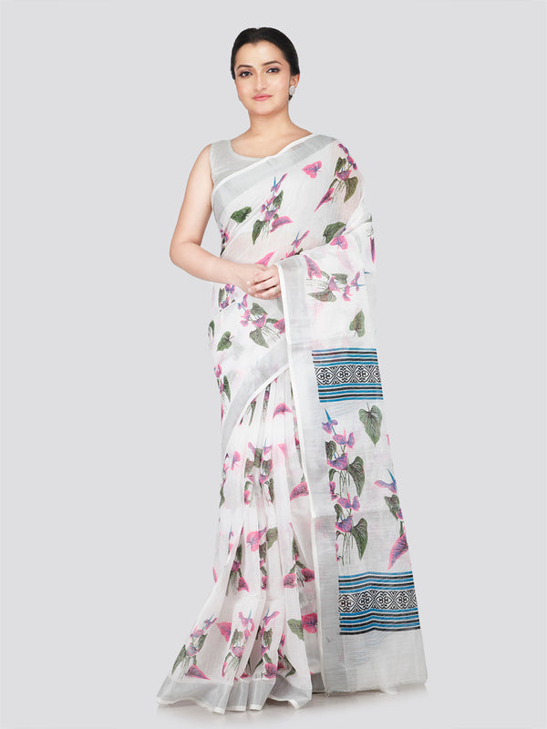 PinkLoom Women's White Cotton Saree