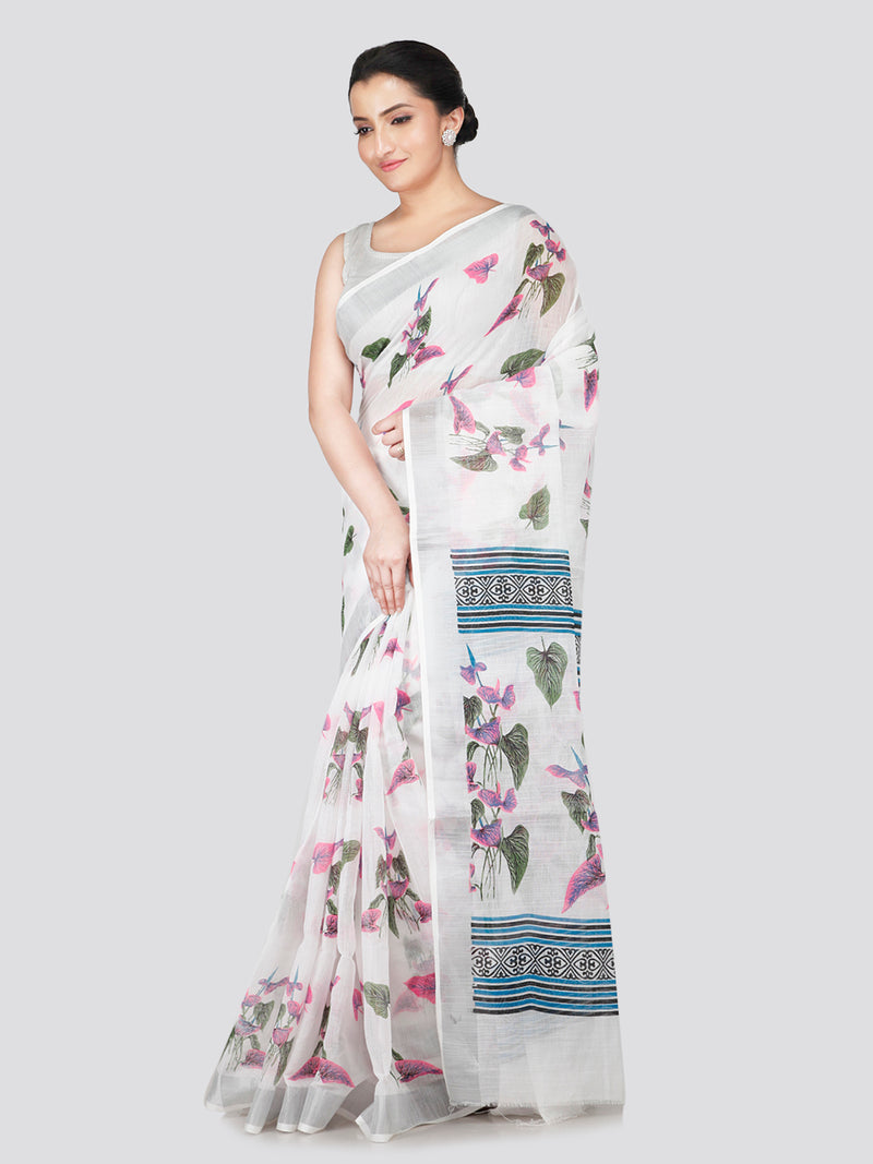 PinkLoom Women's White Cotton Saree