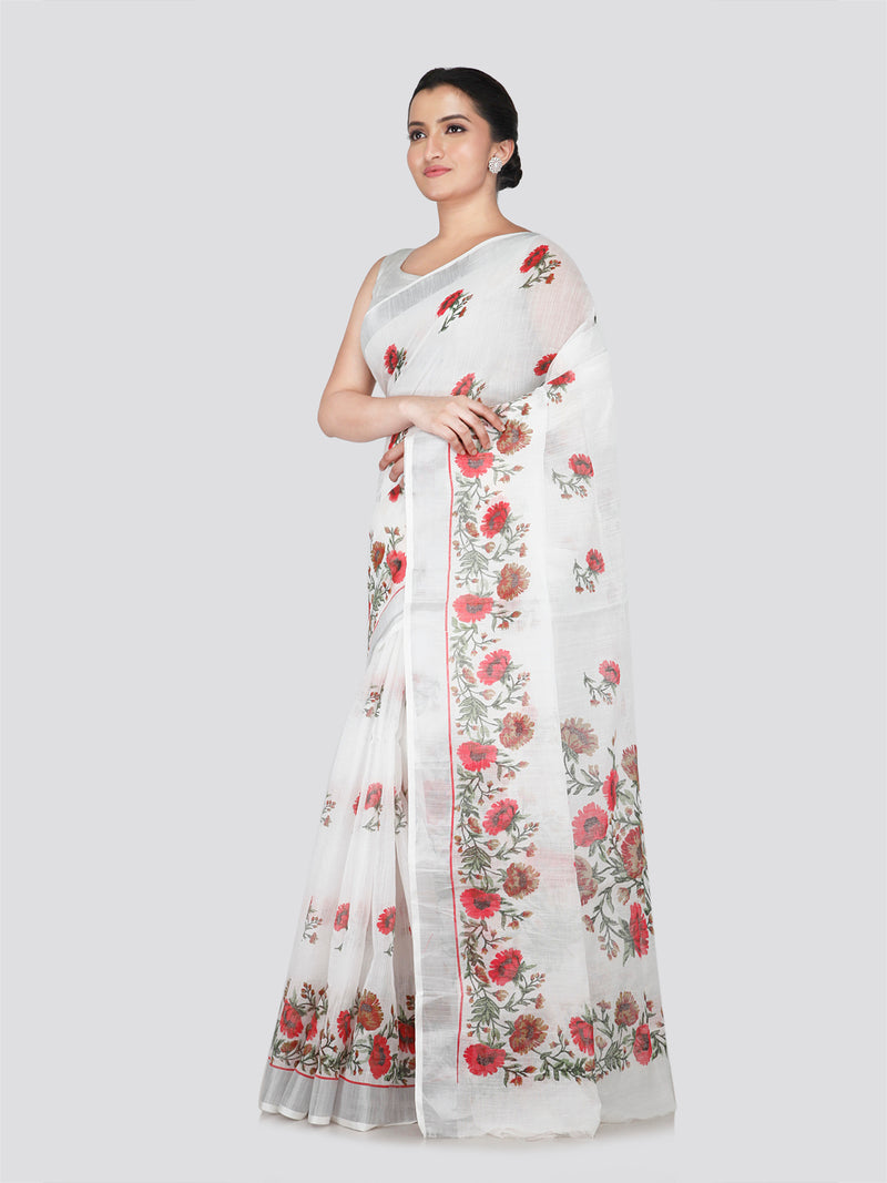 PinkLoom Women's White Cotton Saree