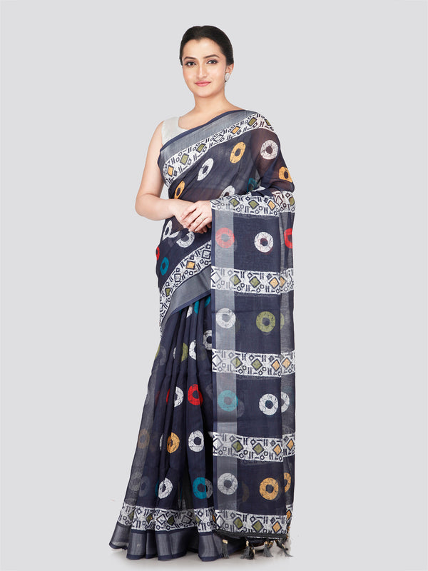 PinkLoom Women's Blue Printed Linen Silk Saree