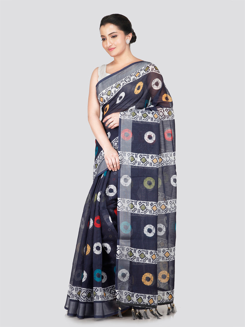 PinkLoom Women's Blue Printed Linen Silk Saree