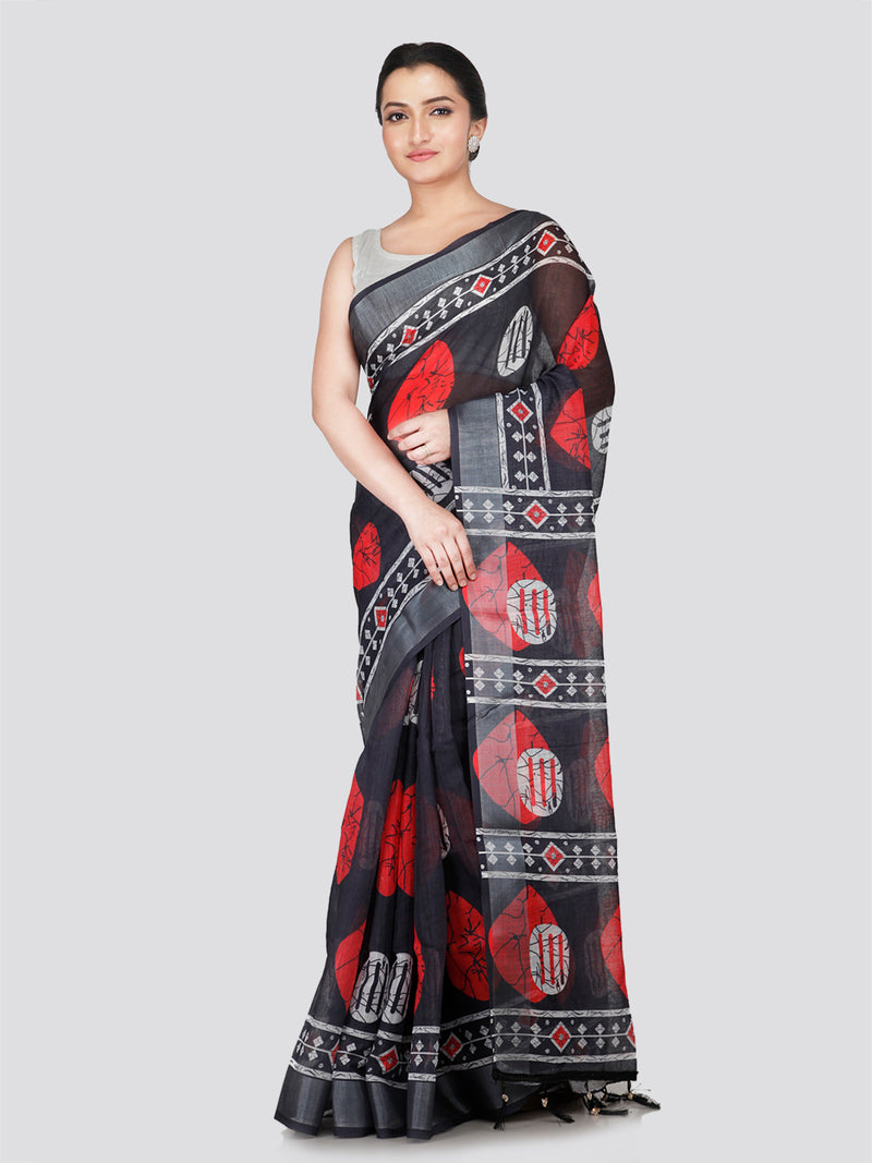 PinkLoom Women's Black Printed Linen Silk Saree