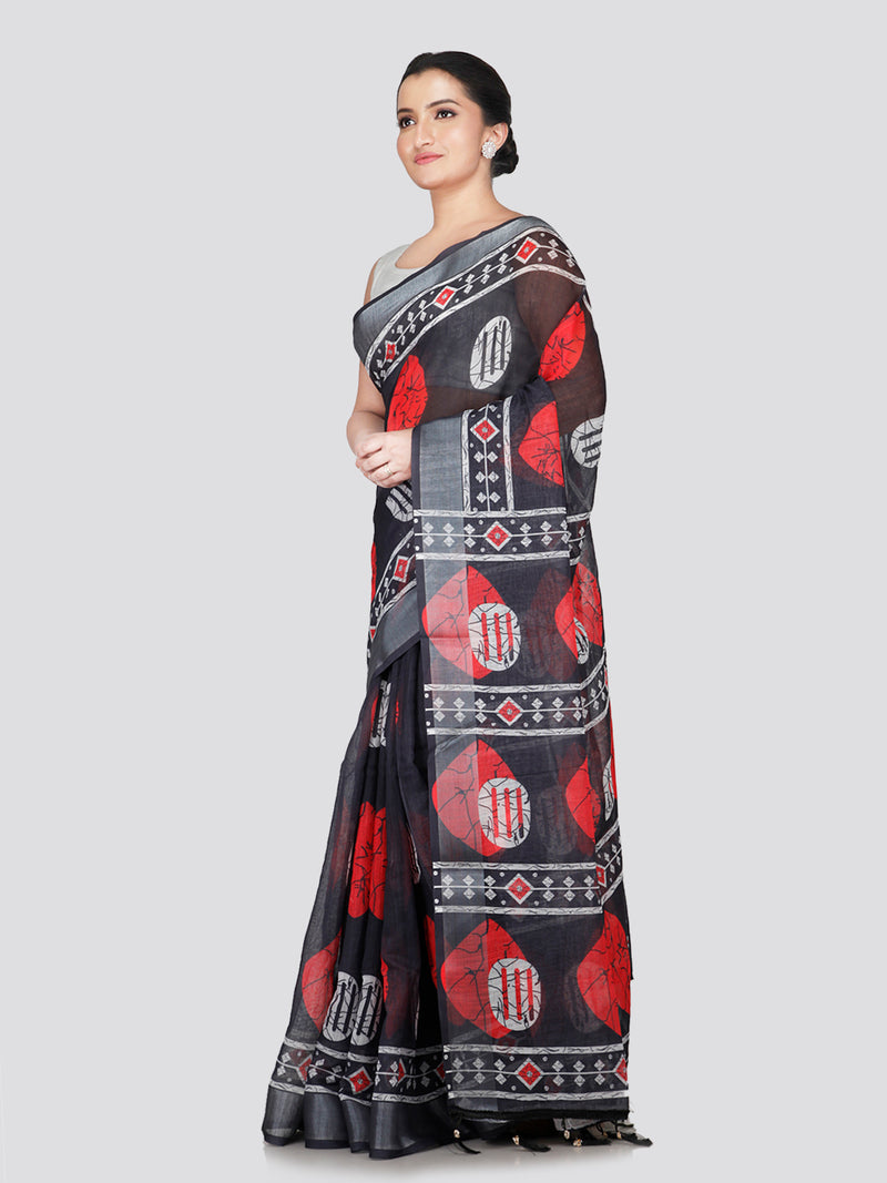 PinkLoom Women's Black Printed Linen Silk Saree