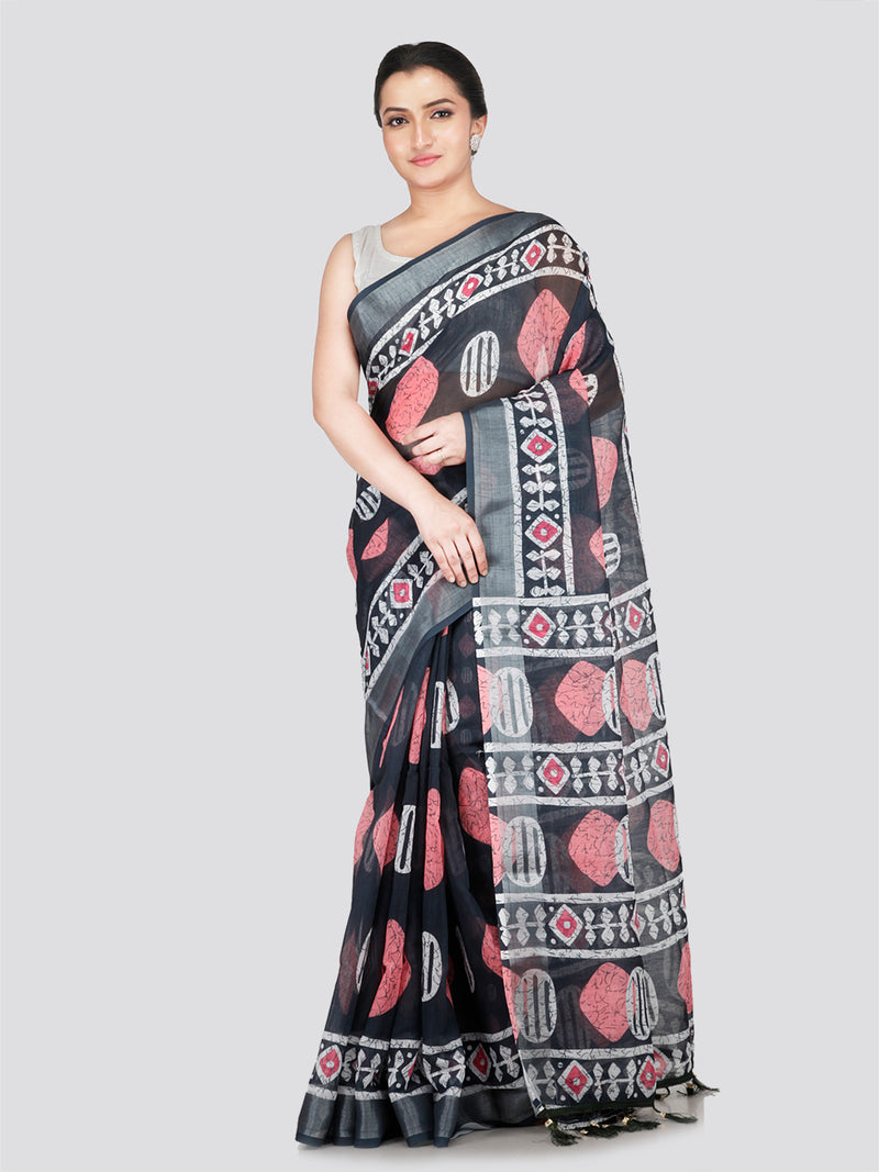 PinkLoom Women's Black Printed Linen Silk Saree