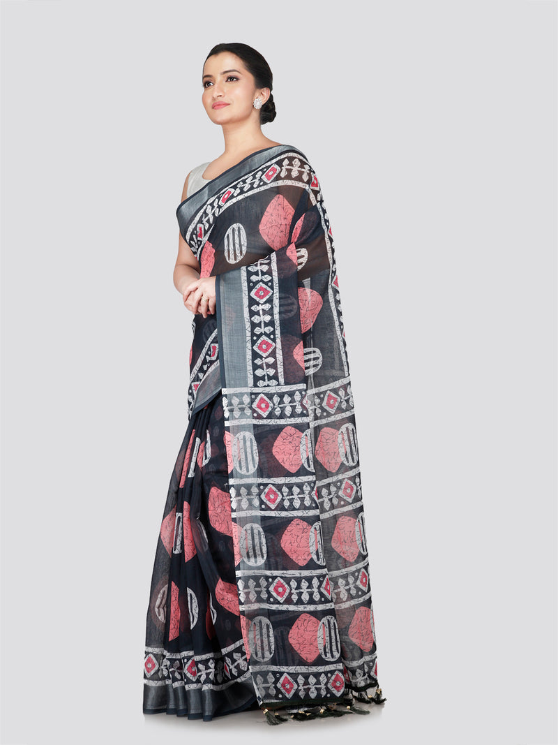 PinkLoom Women's Black Printed Linen Silk Saree