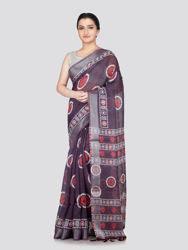 PinkLoom Women's Purple Printed Linen Silk Saree