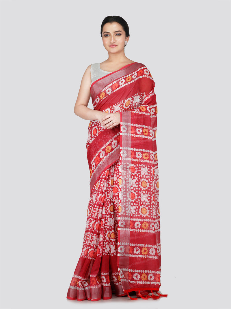 PinkLoom Women's Red Printed Linen Silk Saree