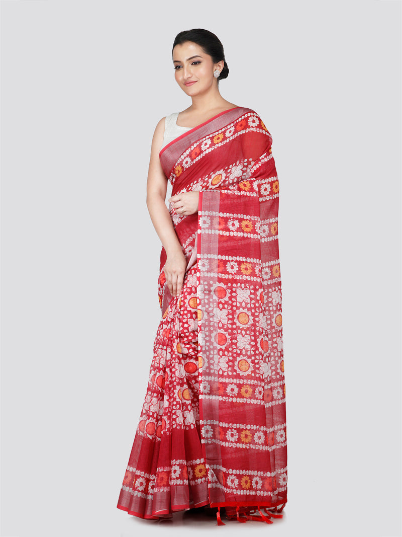 PinkLoom Women's Red Printed Linen Silk Saree