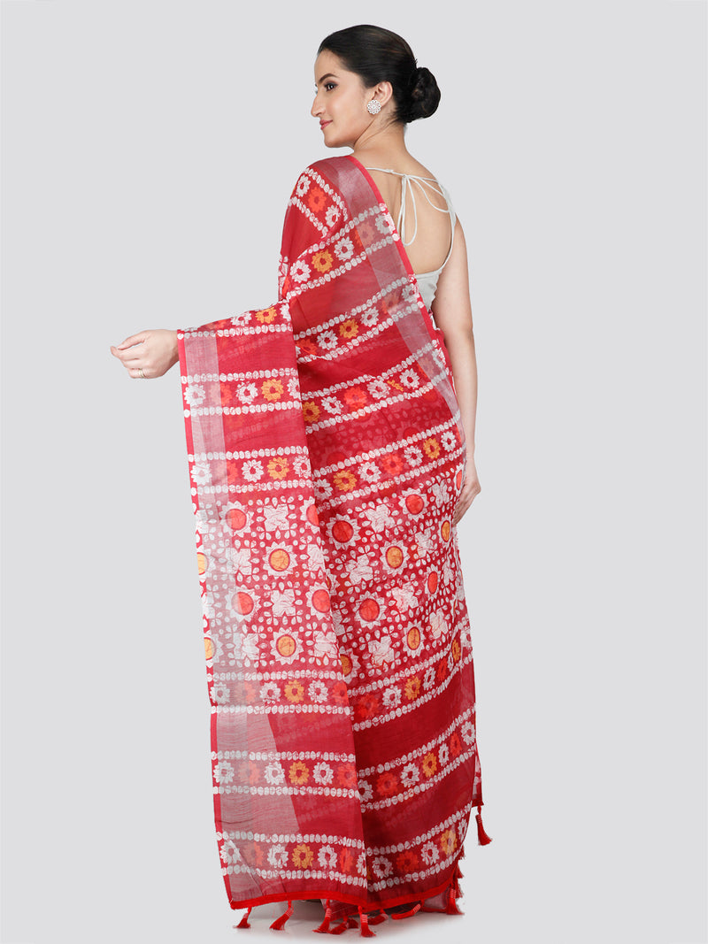 PinkLoom Women's Red Printed Linen Silk Saree