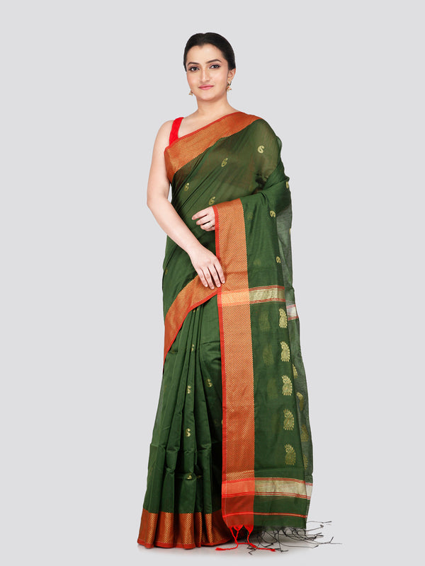 PinkLoom Women's Green Cotton Silk Saree