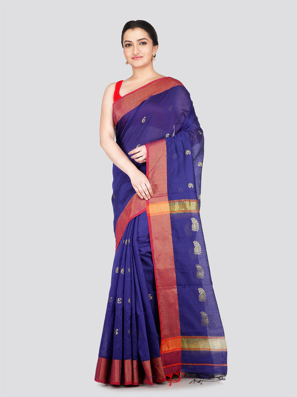 PinkLoom Women's Blue Cotton Silk Saree