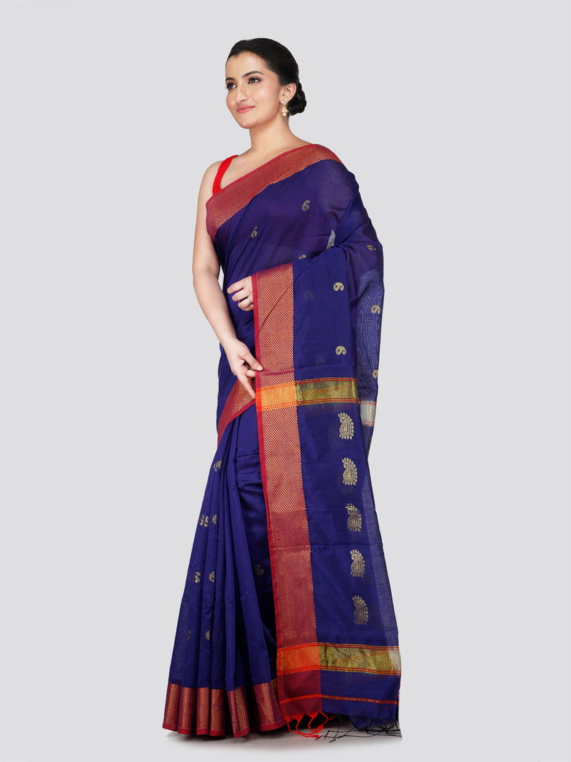 PinkLoom Women's Blue Cotton Silk Saree