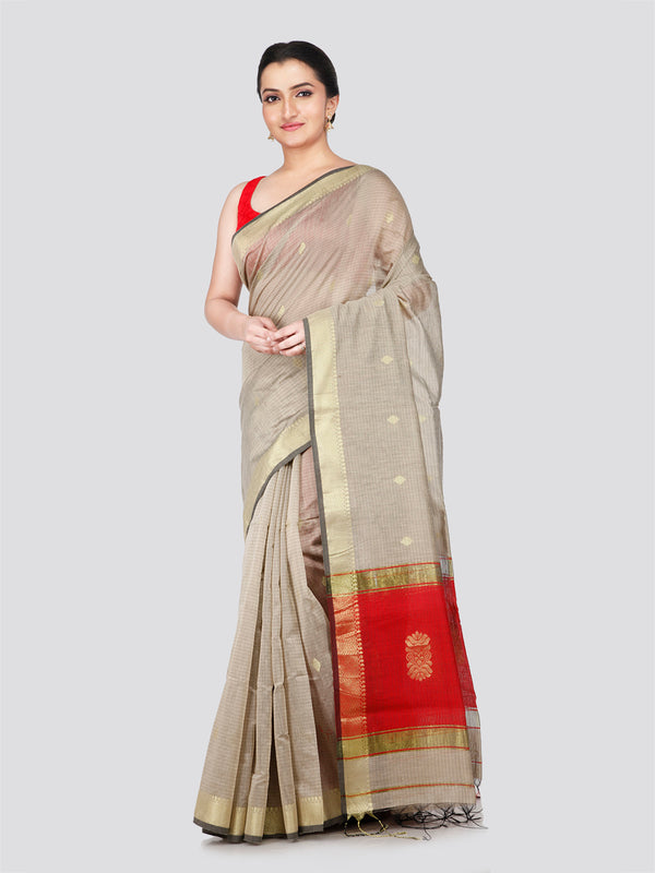 PinkLoom Women's Beige Cotton Silk Saree