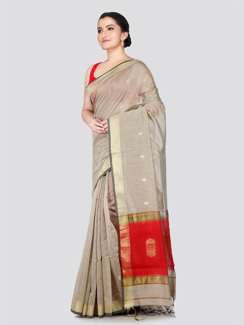 PinkLoom Women's Beige Cotton Silk Saree