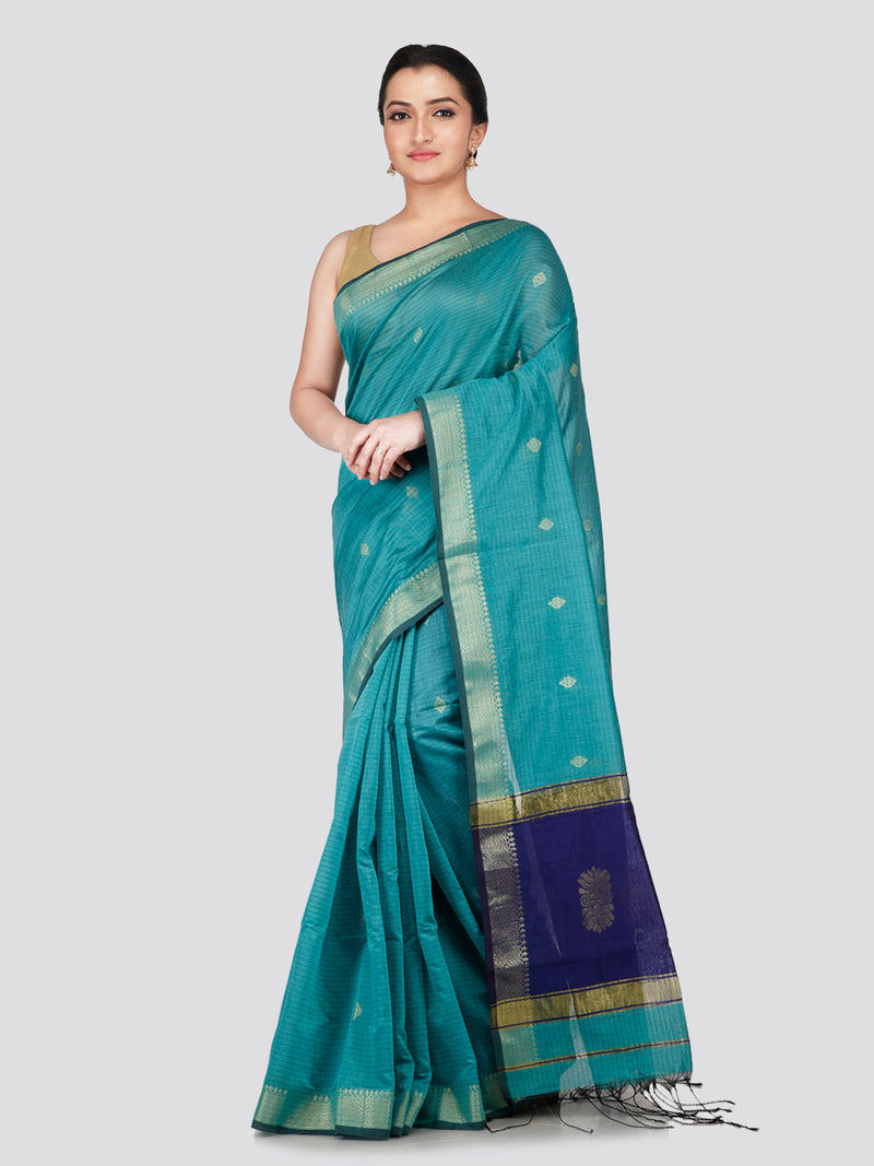 PinkLoom Women's Turquoise Blue Cotton Silk Saree